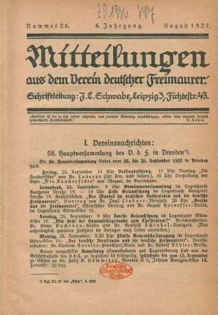 Nummer 36. 6. Jahrgang. August 1927.