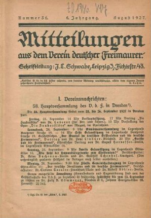 Nummer 36. 6. Jahrgang. August 1927.