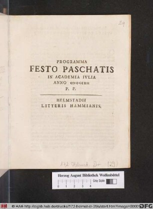 Programma Festo Paschatis In Academia Ivlia Anno MDCCXII P. P