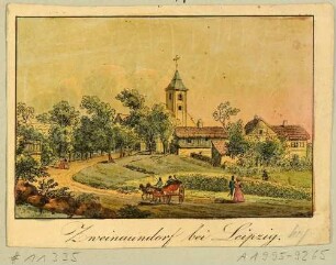 Ortsansicht von Zweinaundorf (Leipzig-Zweinaundorf) südöstlich von Leipzig mit der Kirche und Staffage, Ausschnitt aus Wagners Bilderbogen bei Lenz um 1830