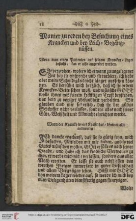 Manier zu reden bey Besuchung eines Krancken und bey Leich= Begaengnuessen.