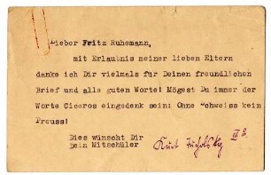 Postkarte Tucholskys an Fritz Ruhemann, 1931
