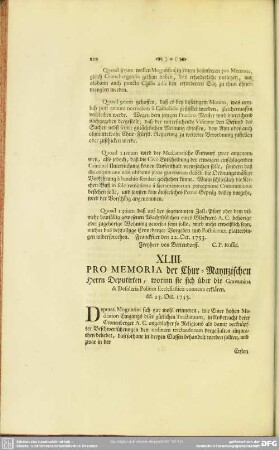 XLIII. Pro Memoria der Chur-Maynzischen Herrn Deputirten, worinn sie sich über die Gravamina & Desideria Politica Ecclesiasticis connexa erklären. dd. 23. Oct. 1753
