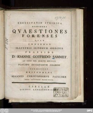 Exercitatio Ivridica Exhibens Qvaestiones Forenses