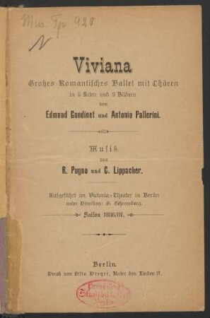 Viviana : großes romantisches Ballet mit Chören in 5 Acten und 9 Bildern von Edmond Gondinet und Antonio Pallerini