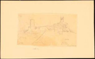 Burg Stahlberg über Steeg, Bacharach: Perspektivische Ansicht der Burgruine von Westen