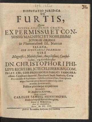 Disputatio Iuridica De Furtis