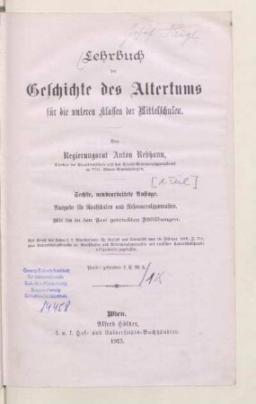 Lehrbuch der Geschichte des Altertums für die unteren Klassen der Mittelschulen