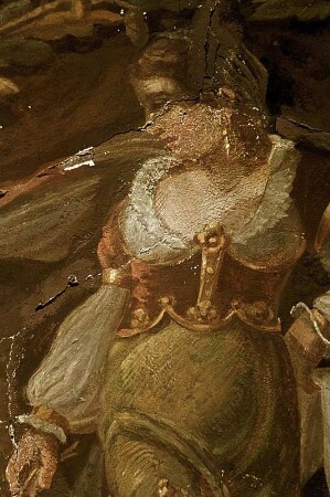 Flora, gerahmt von zwei Füllhörnern und Papageien