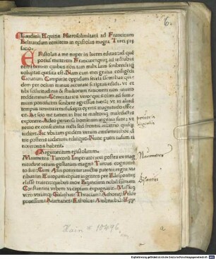Epistulae Magni Turci : mit Vorrede des Autors an Francinus Beltrandus. Mit Gedicht von Antonius Beccadelli