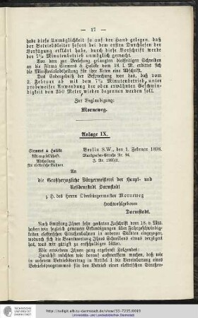 Anlage IX. An die Großherzogliche Bürgermeisterei der Haupt- und Residenzstadt Darmstadt