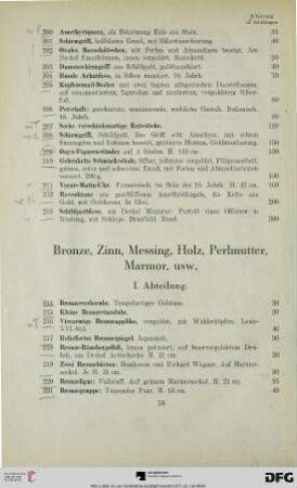 Bronze, Zinn, Messing, Holz, Perlmutter, Marmor usw. I. Abteilung (Nr. 214-244)