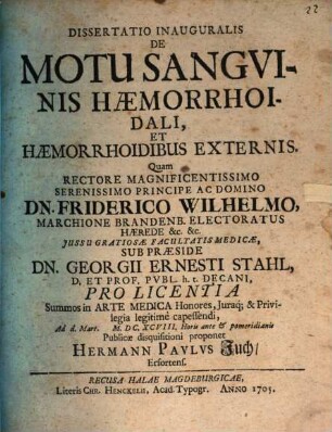 Diss. inaug. de motu sanguinis haemorrhoidali et haemorrhoidibus, externis