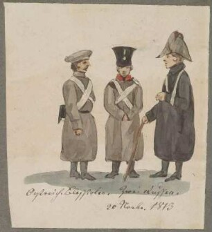 Zwei russische Soldaten und ein Verwundeter der Österreicher, 1813