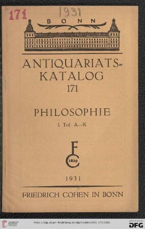 Nr. 171: Antiquariatskatalog / Friedrich Cohen, Buchhandlung und Antiquariat
