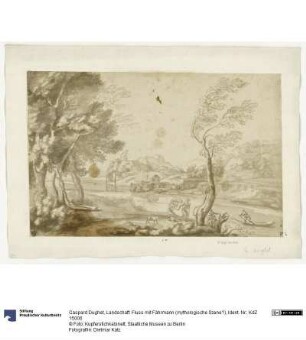 Landschaft: Fluss mit Fährmann (mythologische Szene?)