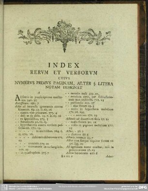 Index Rerum Et Verborum Cuius Numerus Primus Paginam, Alter $. Litera Notam Designat