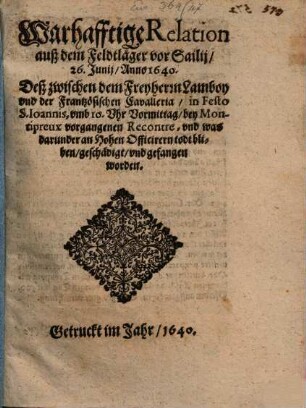 Warhafftige Relation aus dem Feldläger vor Sailij