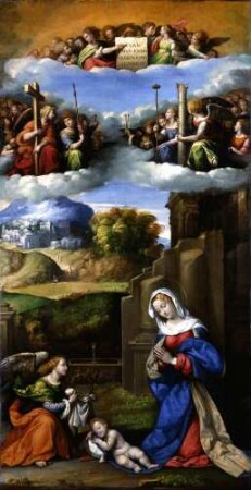 Maria in Anbetung des Kindes und Engel mit den Passionswerkzeugen