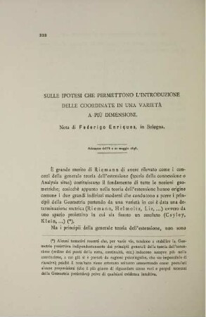 Sulle ipotesi che permettono l´introduzione delle coordinate in una varietà a piu dimensioni.