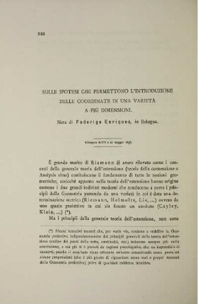 Sulle ipotesi che permettono l´introduzione delle coordinate in una varietà a piu dimensioni.