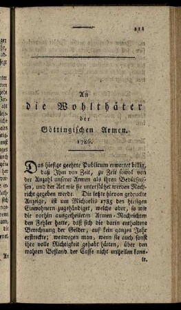 An die Wohlthäter der Göttingischen Armen. 1786.
