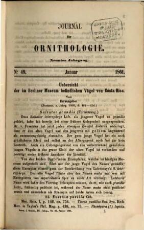 Journal für Ornithologie : Zeitschrift der Deutschen Ornithologen-Gesellschaft. 9. 1861