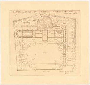 Garten am Landhaus Massolle, Berlin-Kladow: (Lichtpause von Inv.-Nr. 41227): Plan des Gartens (überarbeitete Version) im Grundriss mit Erdgeschossgrundriss des Wohnhauses 1:200; Ergänzungen