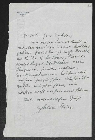 Brief von Julie Elias an Gerhart Hauptmann