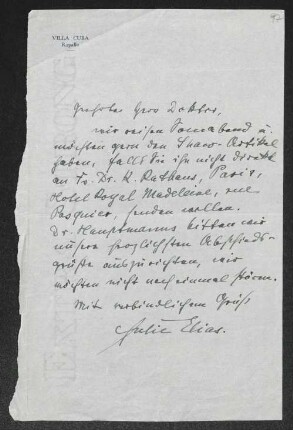 Brief von Julie Elias an Gerhart Hauptmann