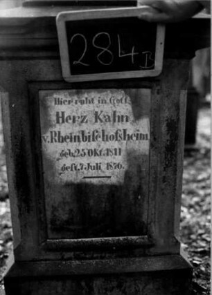 Grabstein 284 (Index: 100112046) Material: Sandstein, weiße Marmorplatte Zustand: gut Maße HxBxT: 195x64x61 cm Beschreibung: postamentierter Obelisk, rechteckige Schriftplatte Symbolik: segnende Hände: Grabstein 284B