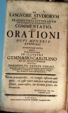 De languore studiorum cum praesentibus litterarum incrementis coniuncto commentatio
