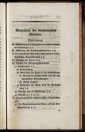 Verzeichniß der vorgetragenen Materien.