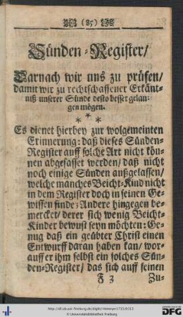 Sünden-Register, Darnach wir uns zu prüfen, damit wir zu rechschaffener Erkäntniß unserer Sünde desto besser gelangen mögen.