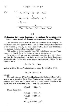 § 2. Bestimmung der ganzen Funktionen von mehren Veränderlichen aus einer gewissen Anzahl als bekannt vorausgesetzter einzelner Werte.