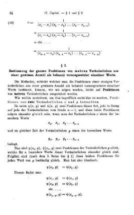 § 2. Bestimmung der ganzen Funktionen von mehren Veränderlichen aus einer gewissen Anzahl als bekannt vorausgesetzter einzelner Werte.