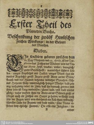 Beschreibung der zwölff Himlischen Zeichen Wirckunge/ in der Geburt des Menschen.