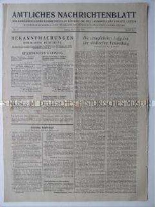 Nachrichtenblatt der Leipziger Behörden: Befehle der Militärregierung (Bankverkehr für Löhne ..); Wiederinbetriebnahme Gasnetz; wiederzugelassene Anwälte (Liste)