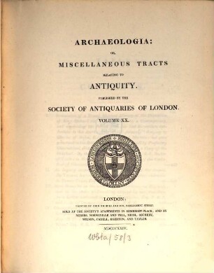 Archaeologia or miscellaneous tracts relating to antiquity. 20, 20. 1824