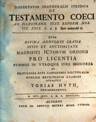 Dissertatio Inavgvralis Ivridica De Testamento Coeci : Ad Illvstrand. Text. Reform. Nor. Tit. XXIX. L. 2. §. Und wiewohl [et]c.