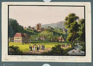 Tharandt, Blick aus dem Tal der Wilden Weißeritz auf Kurbad (Kaltwasser-Heilanstalt), Burgruine und Stadt- und Bergkirche