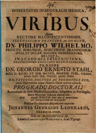 Dissertatio Inauguralis Medica, De Viribus