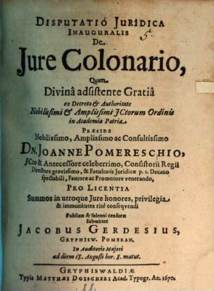 Disp. iur. inaug. de iure colonario