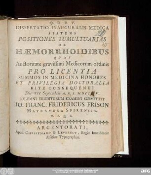 Dissertatio Inauguralis Medica Sistens Positiones Tumultuarias De Haemorrhoidibus