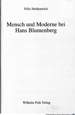 Mensch und Moderne bei Hans Blumenberg