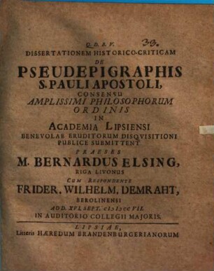 Diss. hist. crit. de pseudepigraphis S. Pauli Apostoli