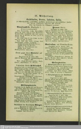 IV. Abtheilung. Gesellschaften, Vereine, Anstalten, Kassen