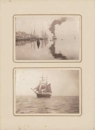 oben: Dampfer im Hafen von Flensburg (?) unten: Segelschiff auf hoher See