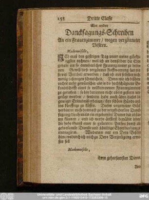 Ein ander Dancksagungs-Schreiben An ein Frauenzimmer, wegen vergönneter Visiten.