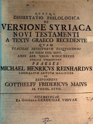 Dissertatio Philologica De Versione Syriaca Novi Testamenti A Textv Graeco Recendente